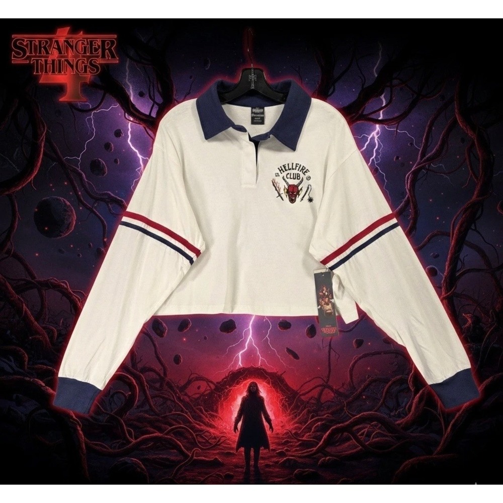 Stranger Things Hellfire Club Cropped Polo Shirt, Women's L w/ Patches - NWT!!